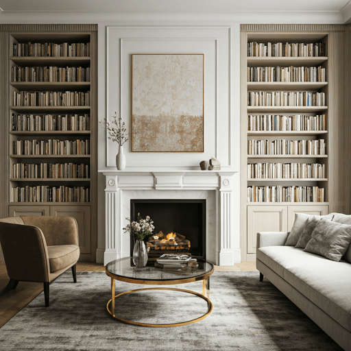 AI room design living room with fireplace and built-in bookshelves