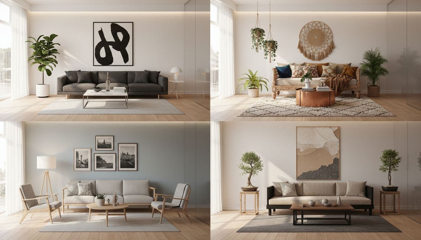 Free AI design generator showing four different interior design styles for living rooms including modern minimalist bohemian scandinavian and japandi