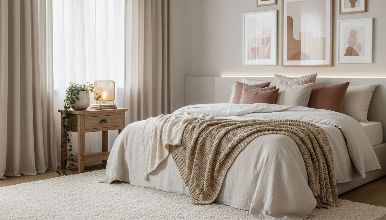 Cozy bedroom designed by AI interior designer with layered textures neutral palette dusty rose accents and gallery wall