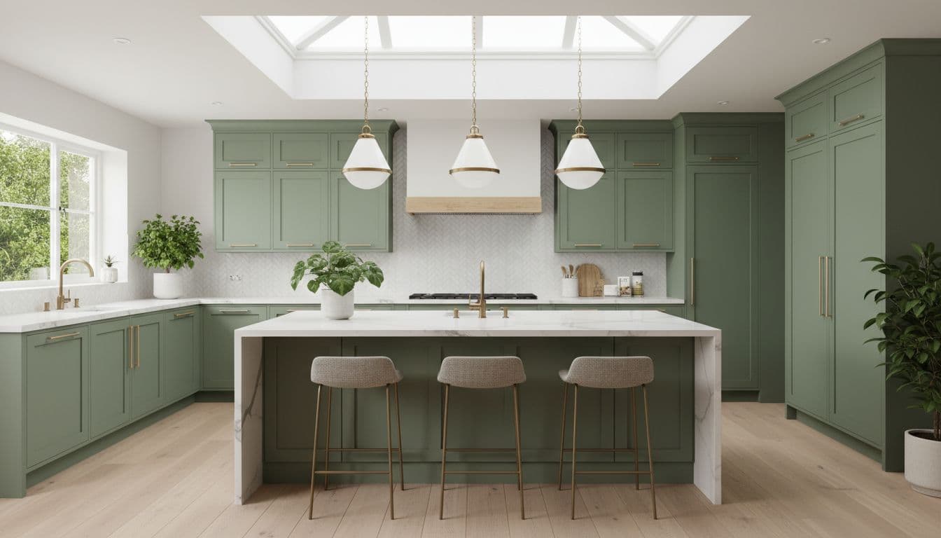 Beautiful modern renovated kitchen with sage green cabinets marble countertops and skylight created with AI renovation design app