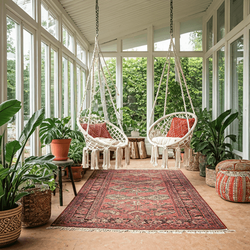 Bohemian style AI room design with macrame and indoor plants
